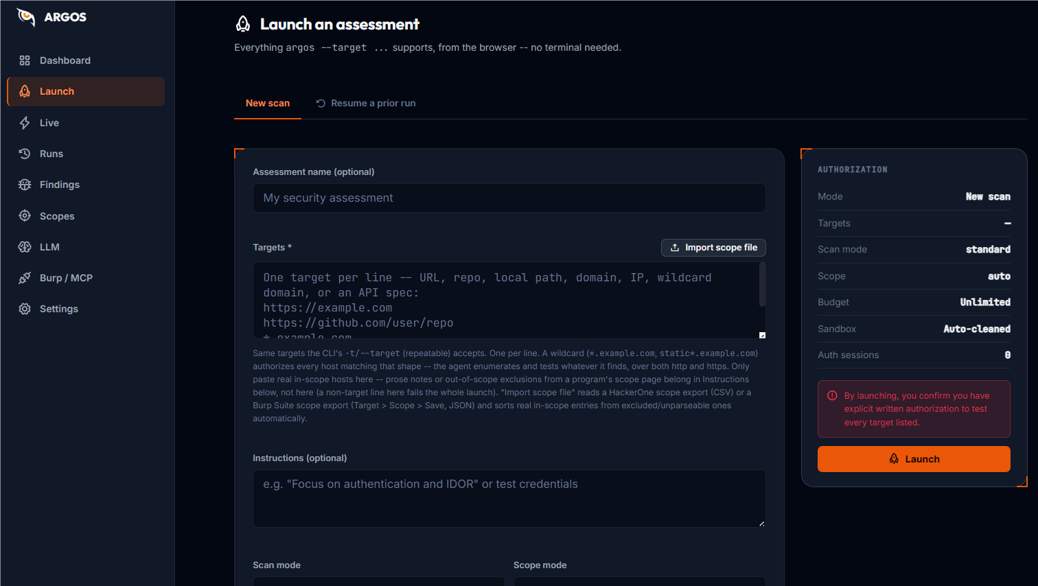 Argos AI Pentesting Platform — Launch an assessment interface showing target configuration, scan modes, and authorization panel